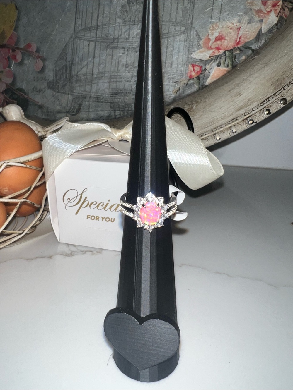 Pink Opal Halo Ring in Sterling-Style Silver